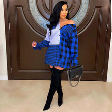 Load image into Gallery viewer, Plaid stitching sleeves tie shirt dress(AY1493)