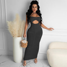 Load image into Gallery viewer, Solid color sling pleated hole long dress AY1081