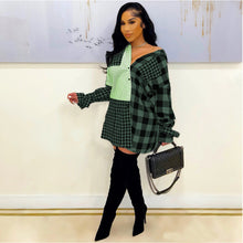 Load image into Gallery viewer, Plaid stitching sleeves tie shirt dress(AY1493)