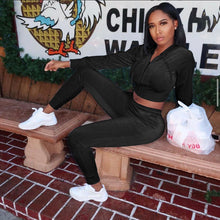 Load image into Gallery viewer, Fashion velvet hooded jacket and trousers two-piece