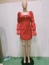 Load image into Gallery viewer, Lace-up square neck puff sleeve dress(AY1459)