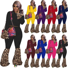 Load image into Gallery viewer, Fashion leopard print stitching top flared pants suit(AY1292)