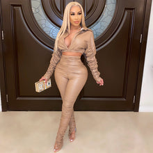 Load image into Gallery viewer, Solid color PU pleated two-piece suit(AY1466)