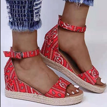 Load image into Gallery viewer, Satin floral buckle wedge sandals