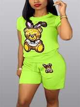 Load image into Gallery viewer, Sequined bear cartoon short sleeve suit AY1041