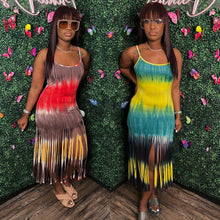 Load image into Gallery viewer, Fashion tie dyed printed tassel suspender dress AY1897