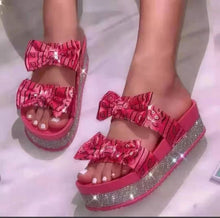Load image into Gallery viewer, Satin platform slippers with rhinestones
