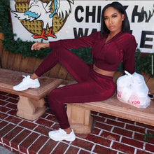 Load image into Gallery viewer, Fashion velvet hooded jacket and trousers two-piece