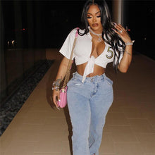 Load image into Gallery viewer, Letter graffiti lip print cardigan T-shirt AY2000