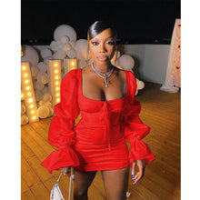 Load image into Gallery viewer, Lace-up square neck puff sleeve dress(AY1459)