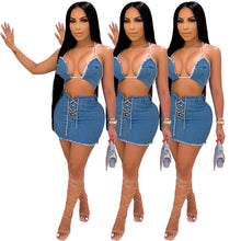 Load image into Gallery viewer, Sexy high elastic denim vest skirt suit(AY1879)