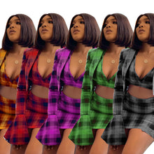 Load image into Gallery viewer, Fashion plaid print trumpet sleeve hip skirt 3-piece set(AY1308)