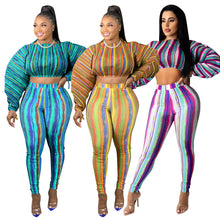 Load image into Gallery viewer, Printed lantern sleeve drawstring two-piece suit(AY1380)