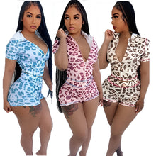 Load image into Gallery viewer, Fashionable leopard print zipper hooded print contrast color tight hip lift two piece suit
