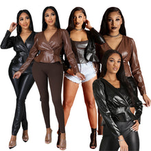 Load image into Gallery viewer, Leather long sleeve V-neck PU top (AY2432)
