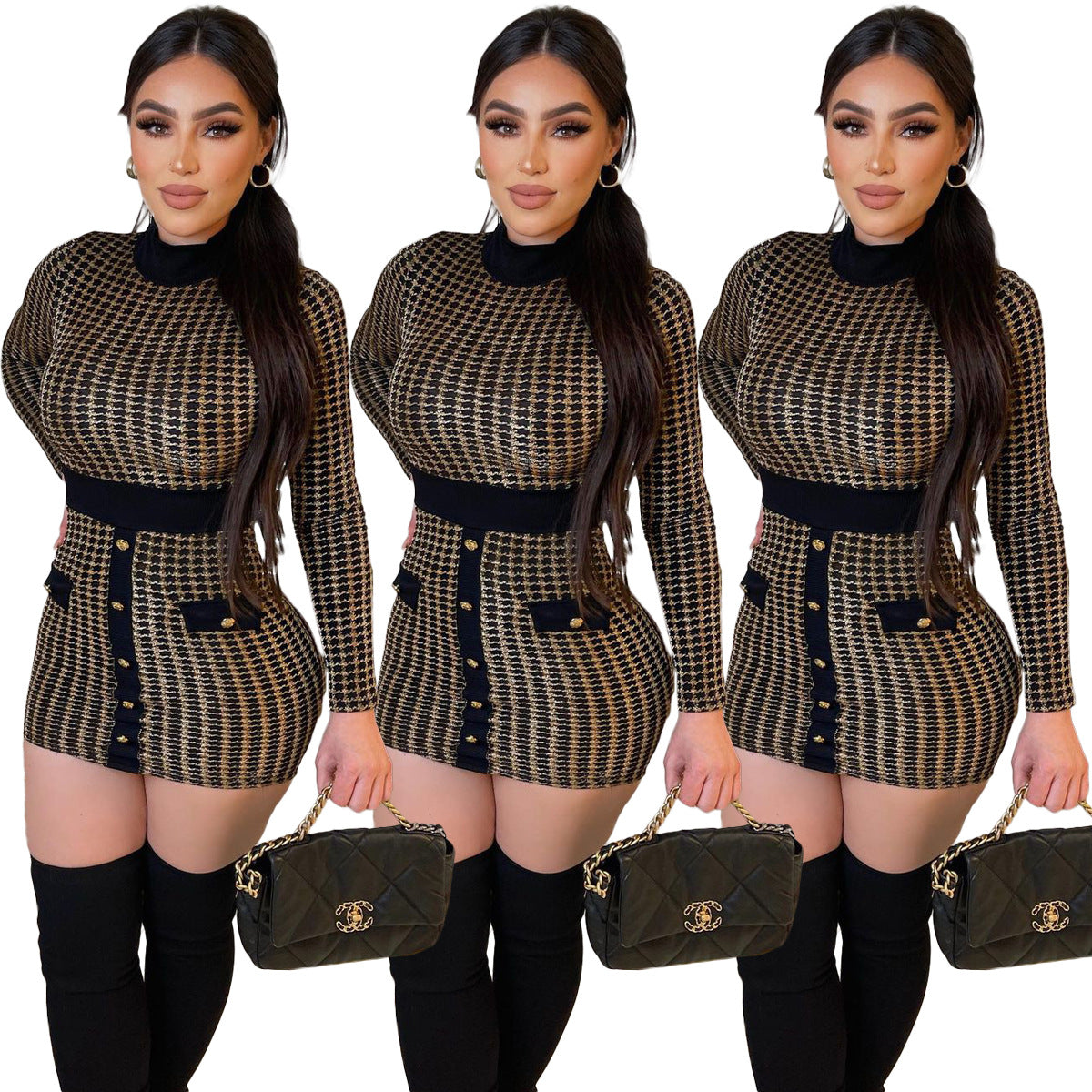 Sexy Plaid Gold Jacquard Slim Dress（AY1633）