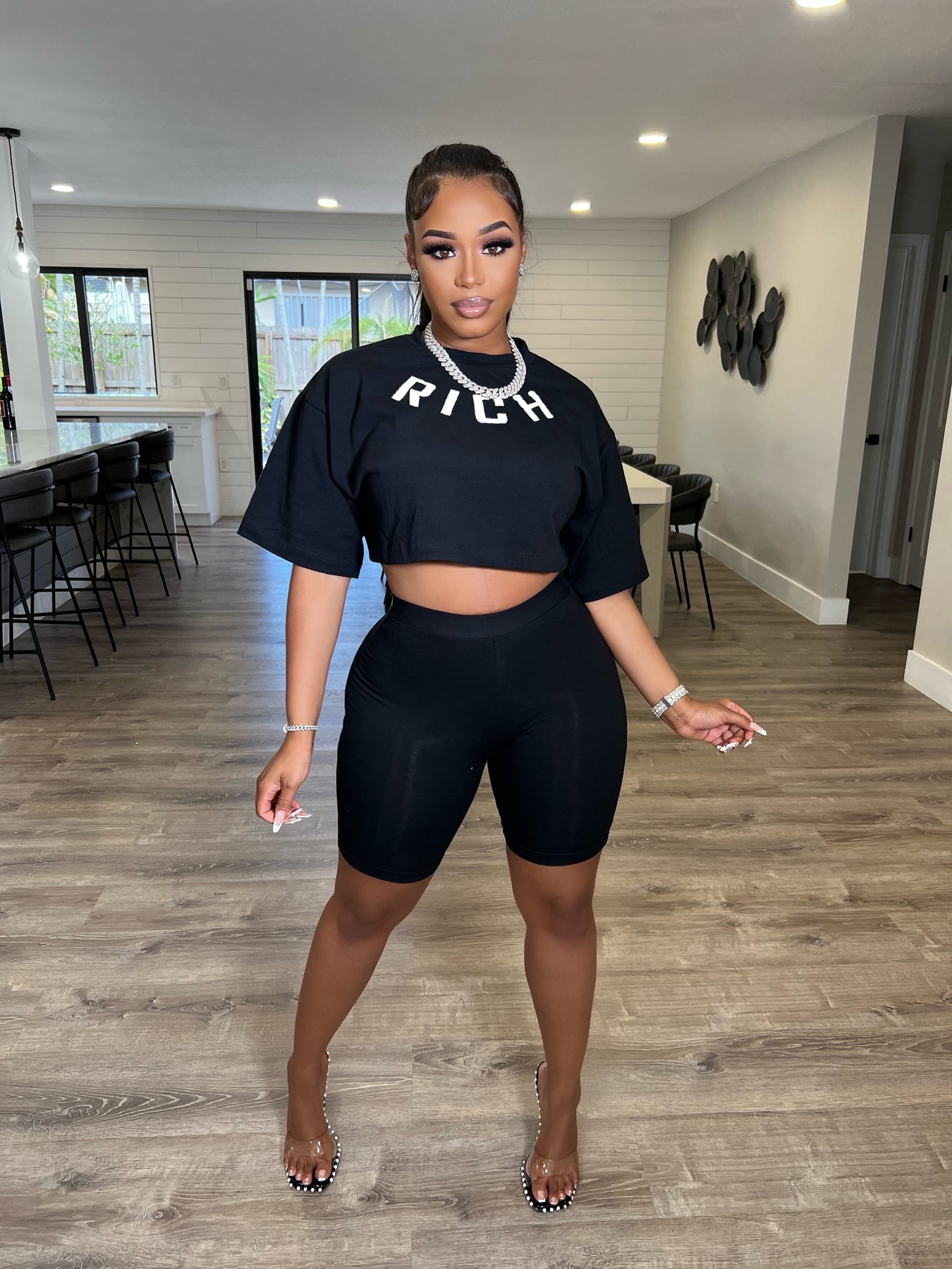 Solid Color Letter Print Two Piece Set（AY2229）