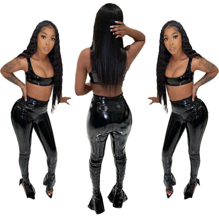 Sexy PU leather split pencil pants two-piece set（AY1769）