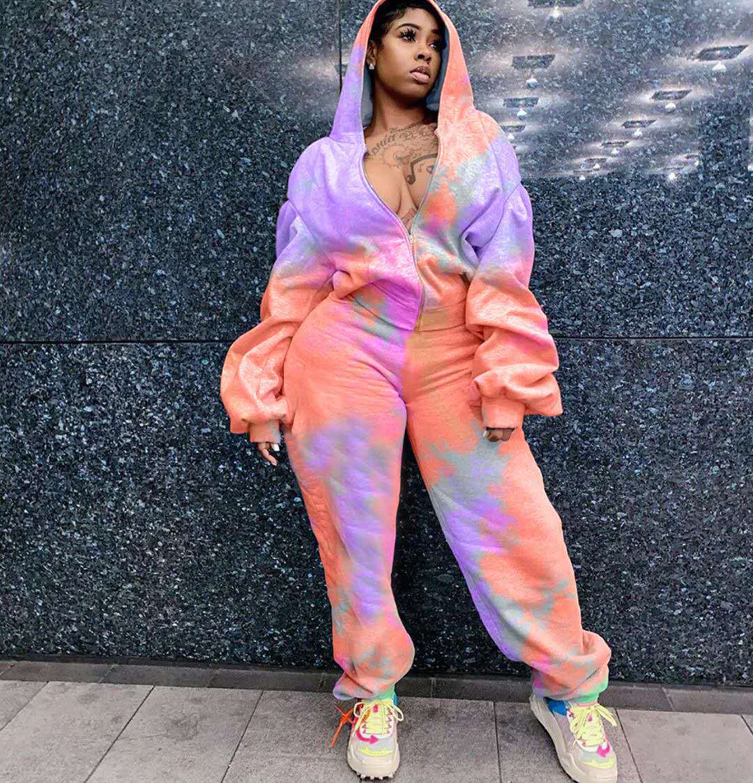 Tie-dye printed hooded sports two-piece suit（AY1306）