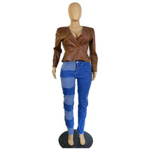 Load image into Gallery viewer, Leather long sleeve V-neck PU top (AY2432)
